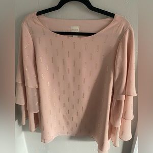 Chico’s Blush Pink Blouse with Gold and Ruffle Tiered Sleeves